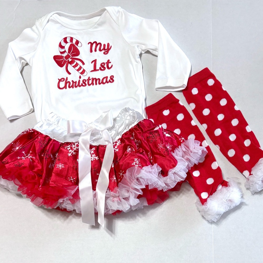 NWOT My 1st Christmas Outfit with Red Tulle Tutu & Polka Dot Leg Warmers 9-12 mo